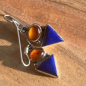 Vintage stamped sterling baltic amber and lapis lazuli earrings artistic 1.25"